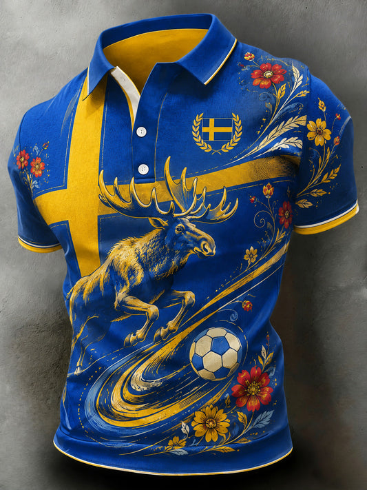 Men's Swedish Football Supporter Art Print Short Sleeve Polo