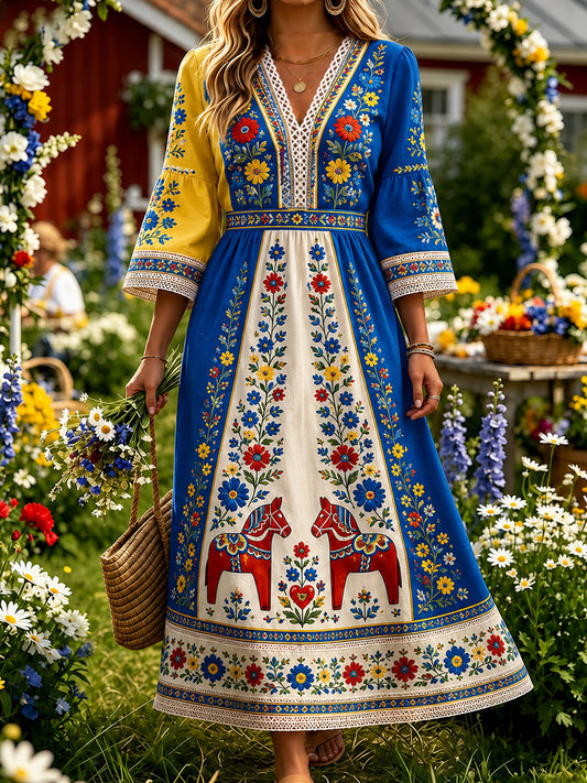Retro Midsummer Festival Art Print Casual Dress