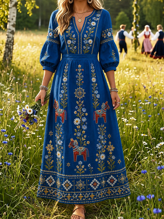 Retro Midsummer Festival Art Print Casual Dress