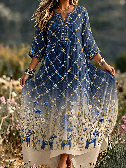 Retro Midsummer Festival Art Print Casual Dress