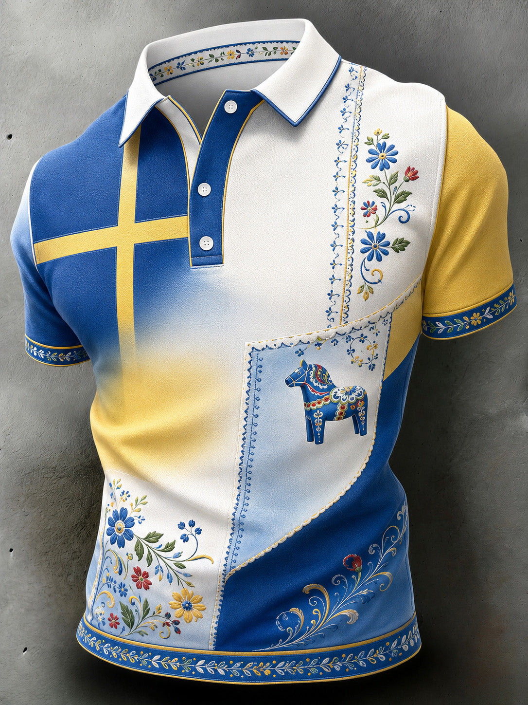 Men's polo shirt with art print commemorating Swedish holidays and festivals, short-sleeved