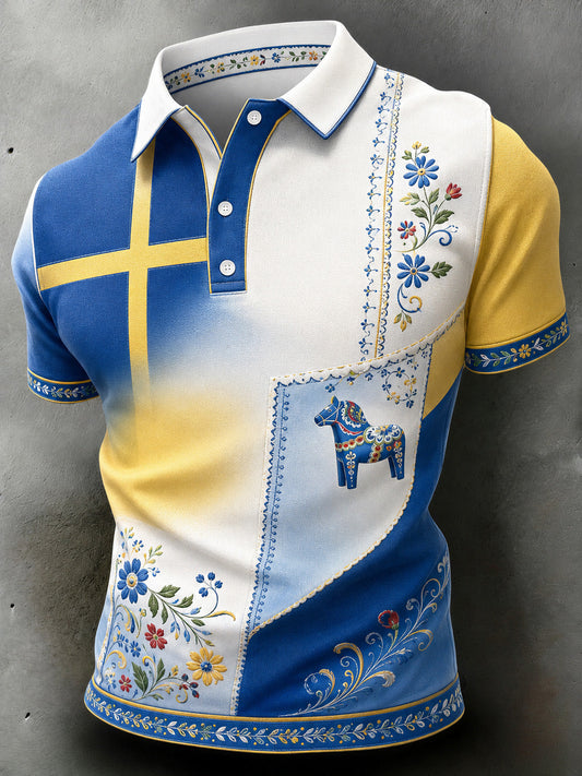 Men's polo shirt with art print commemorating Swedish holidays and festivals, short-sleeved
