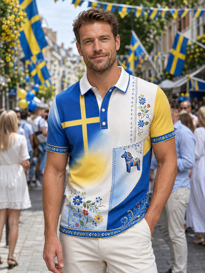 Men's polo shirt with art print commemorating Swedish holidays and festivals, short-sleeved