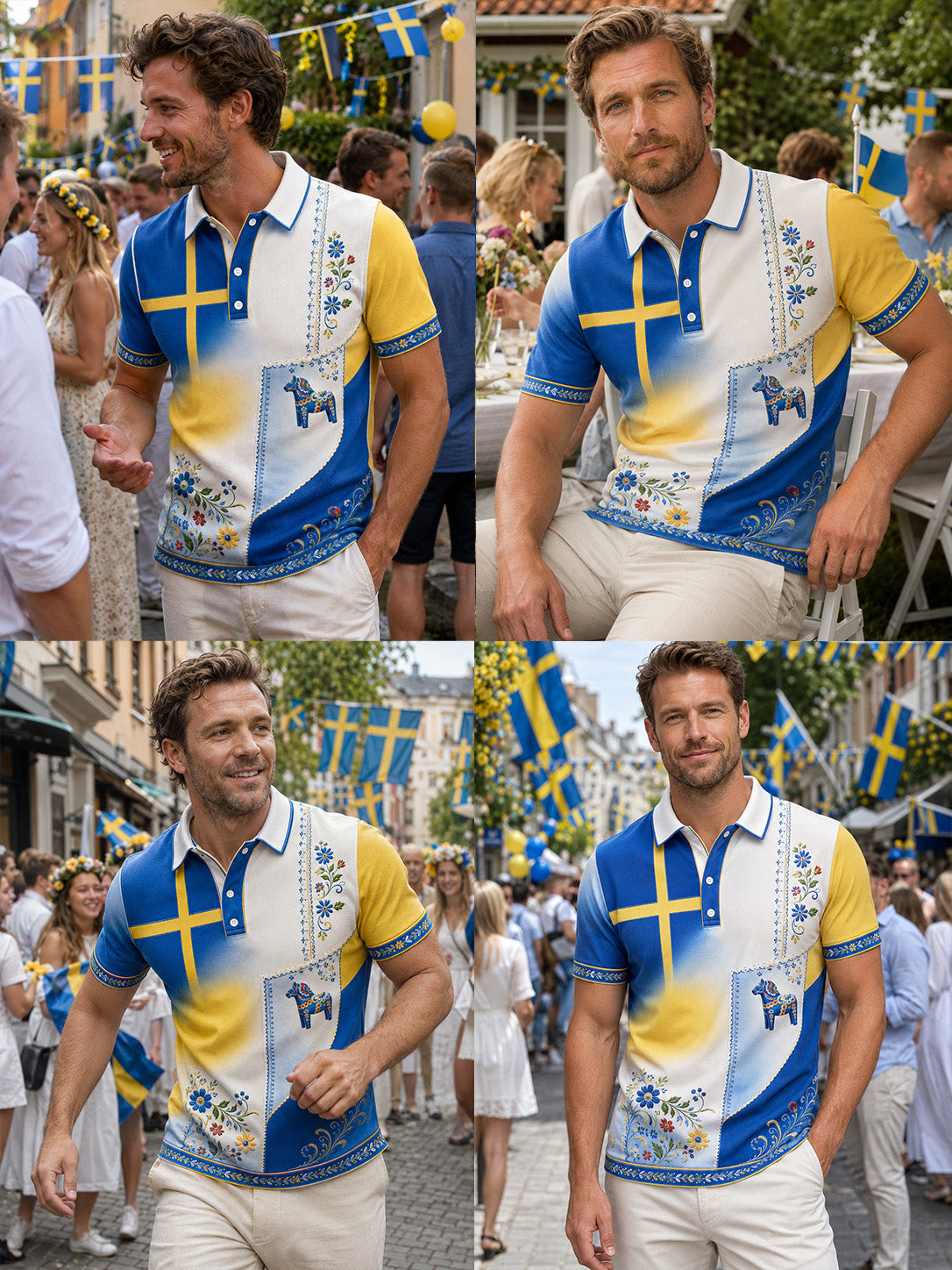 Men's polo shirt with art print commemorating Swedish holidays and festivals, short-sleeved