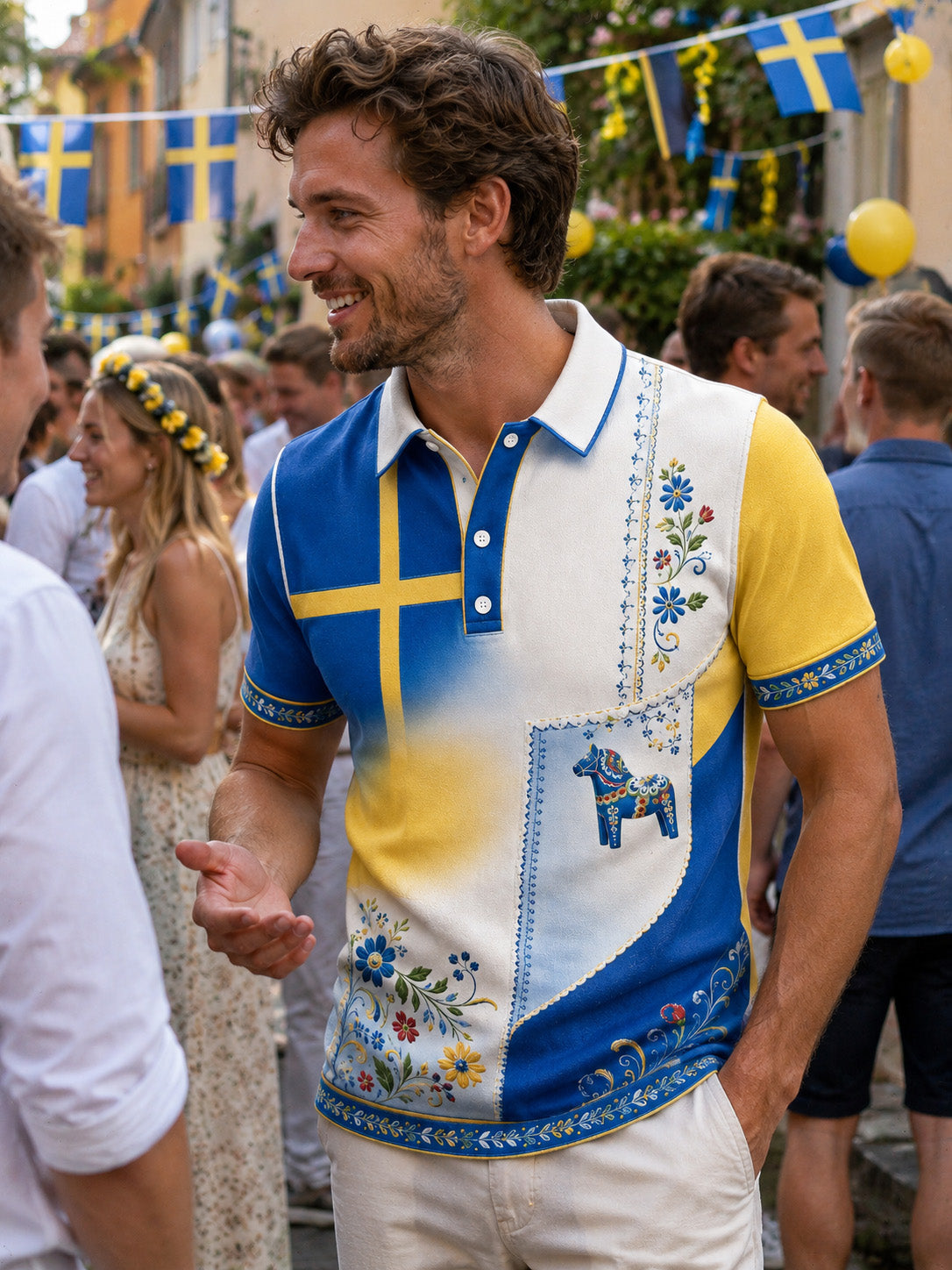 Men's polo shirt with art print commemorating Swedish holidays and festivals, short-sleeved