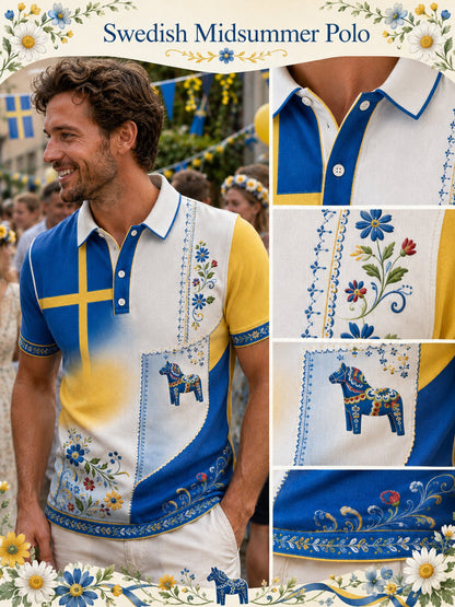 Men's polo shirt with art print commemorating Swedish holidays and festivals, short-sleeved