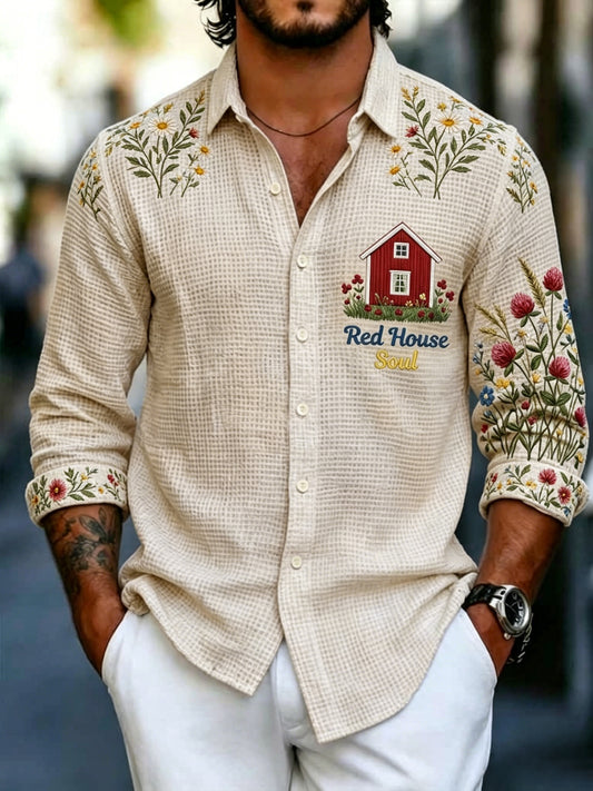 Men's waffle-knit long-sleeve shirt with a Midsommar-themed art print