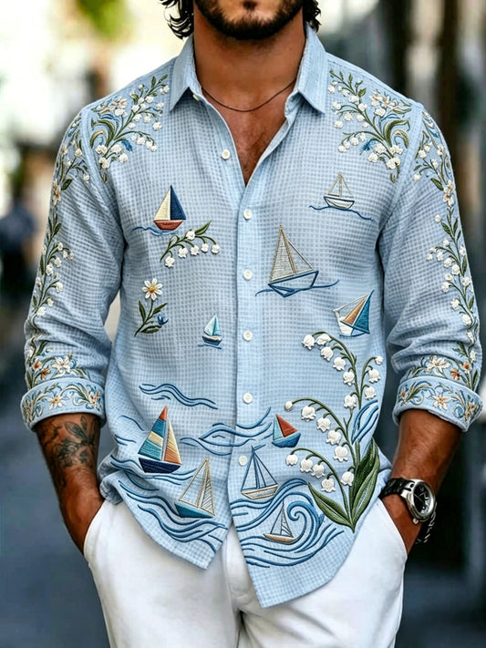 Men's waffle-knit long-sleeve shirt with a Midsommar-themed art print