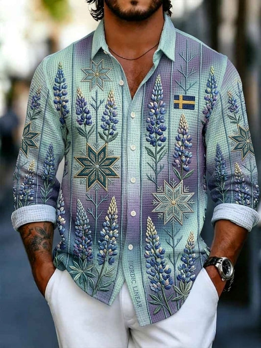Men's waffle-knit long-sleeve shirt with a Midsommar-themed art print