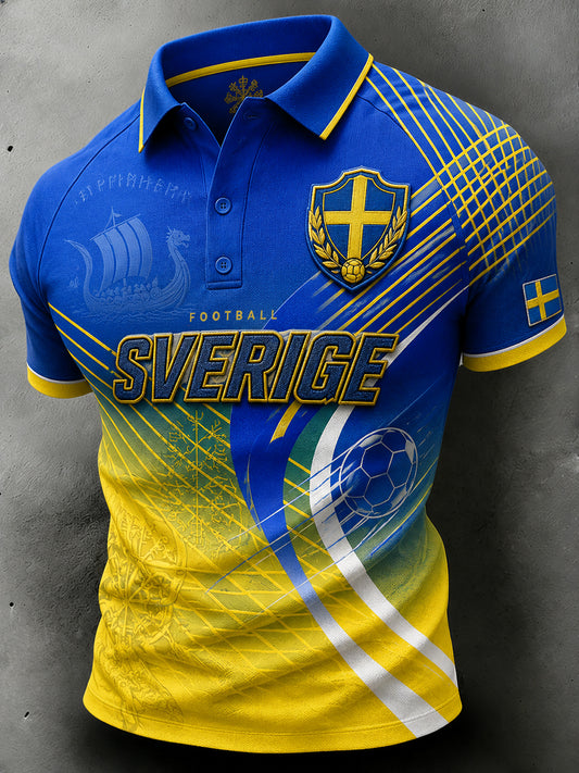 Men's retro-style polo shirt with football elements, short-sleeved and relaxed fit