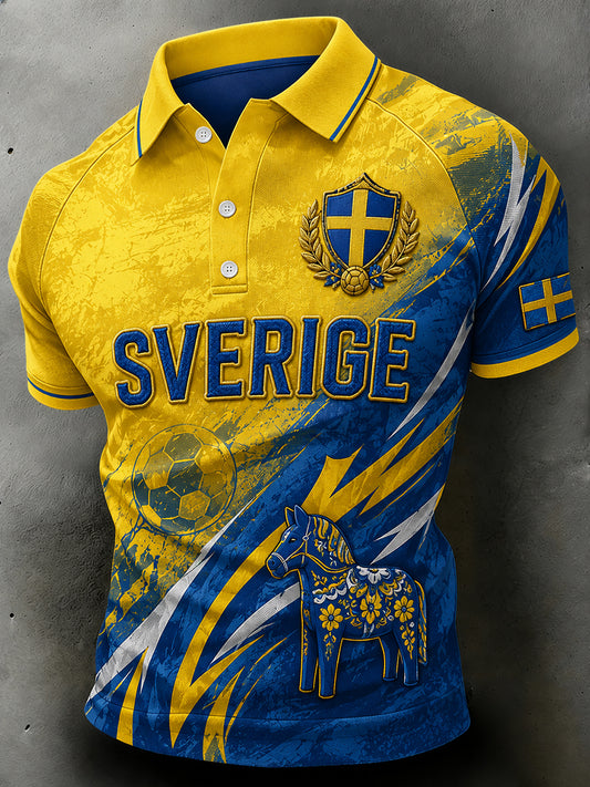 Men's retro-style polo shirt with football elements, short-sleeved and relaxed fit