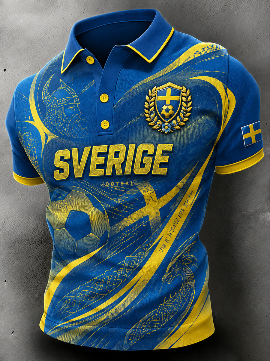 Herrpolotröja i retrostil med fotbollselement, kortärmad och avslappnad stil