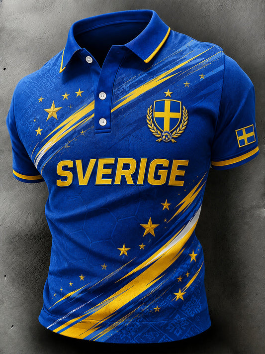 Men's retro-style polo shirt with football elements, short-sleeved and relaxed fit