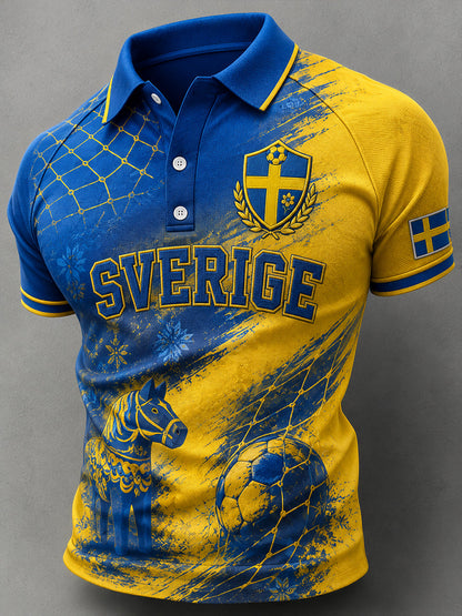 Herrpolotröja i retrostil med fotbollselement, kortärmad och avslappnad stil