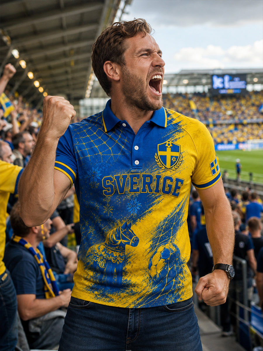 Herrpolotröja i retrostil med fotbollselement, kortärmad och avslappnad stil
