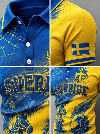 Herrpolotröja i retrostil med fotbollselement, kortärmad och avslappnad stil