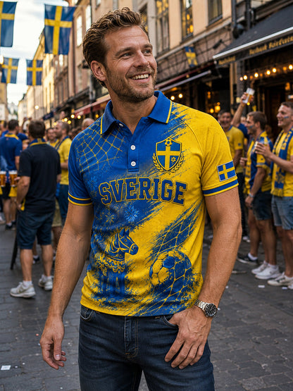 Herrpolotröja i retrostil med fotbollselement, kortärmad och avslappnad stil