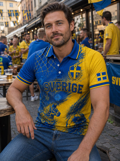 Herrpolotröja i retrostil med fotbollselement, kortärmad och avslappnad stil