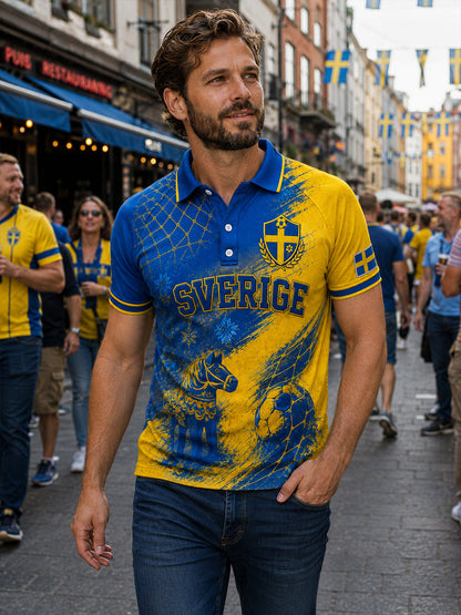 Herrpolotröja i retrostil med fotbollselement, kortärmad och avslappnad stil