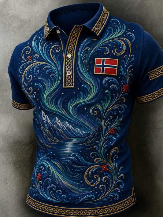 Men's Retro Nordic Style Norwegian Art Print Casual Polo Shirt