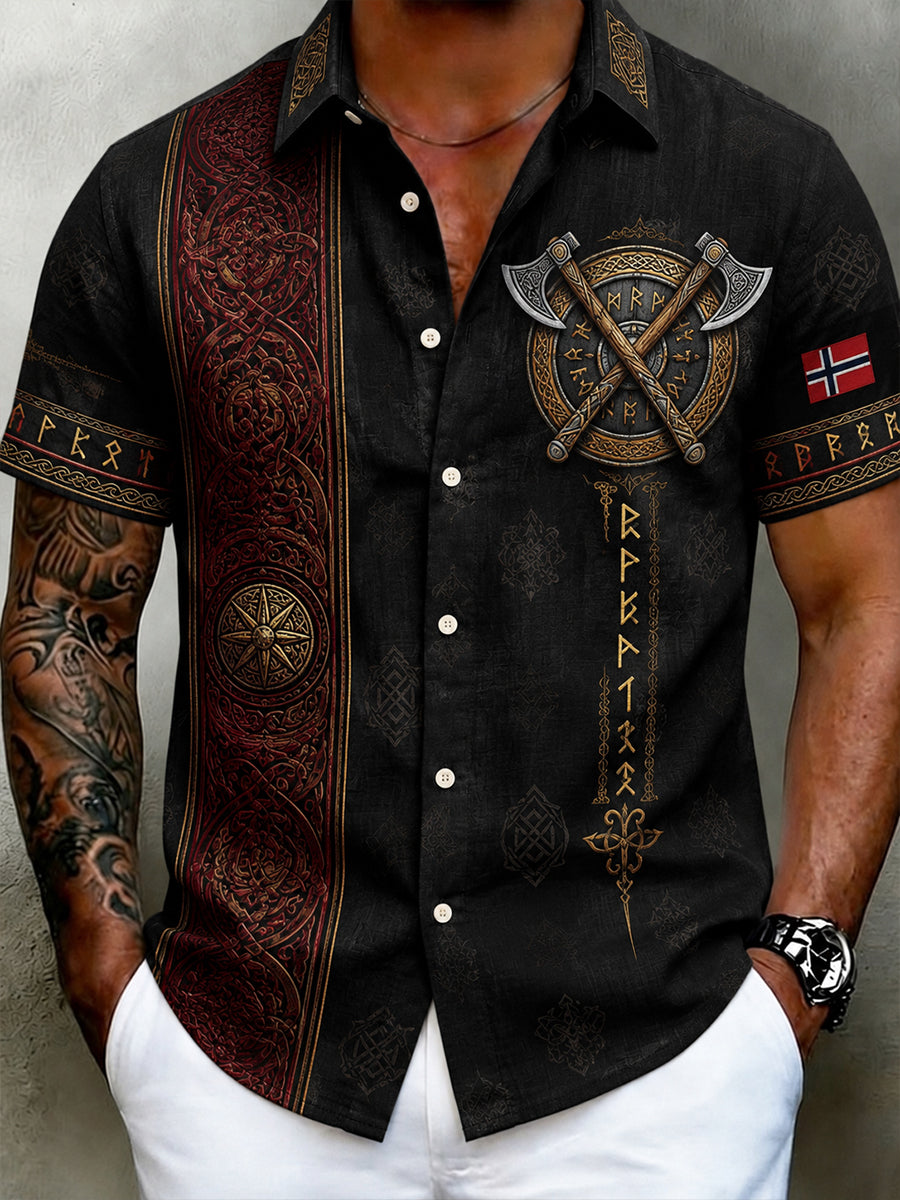 Men's retro Nordic style cultural blouse with Norwegian art print, made of cotton and linen