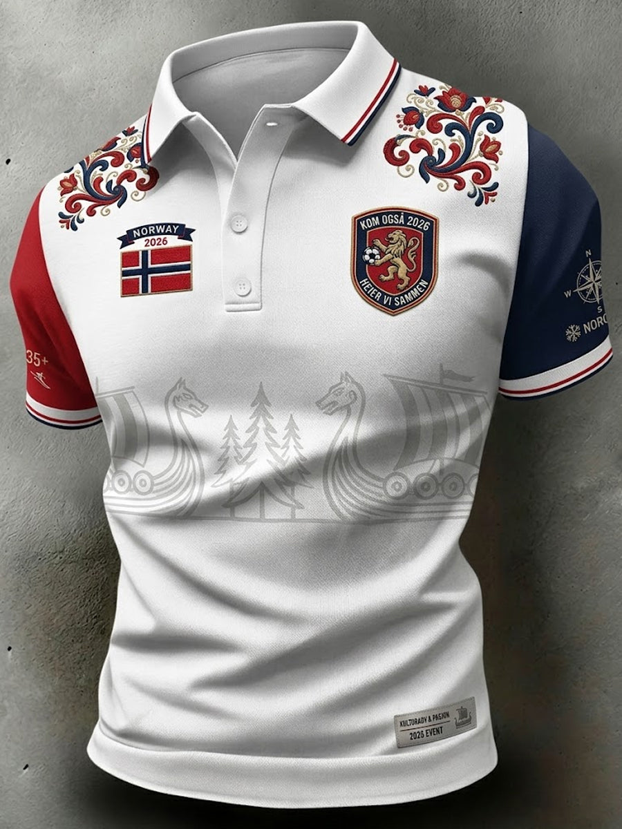 Retro Norwegian football pattern in patchwork style, casual polo shirt from 2026