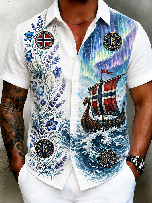 Men's retro Nordic style cultural blouse with Norwegian art print, made of cotton and linen