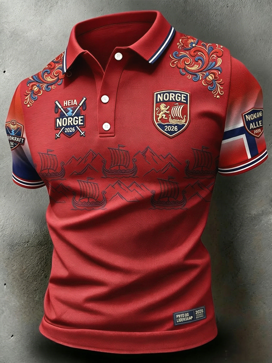 Retro Norwegian football polo with 2026 print, in a casual style