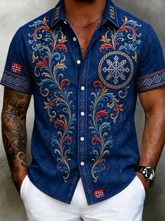 Men's retro Nordic style cultural blouse with Norwegian art print, made of cotton and linen