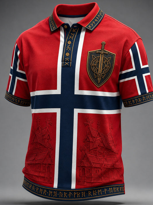 Men's Retro Nordic Style Norwegian Art Print Casual Polo Shirt