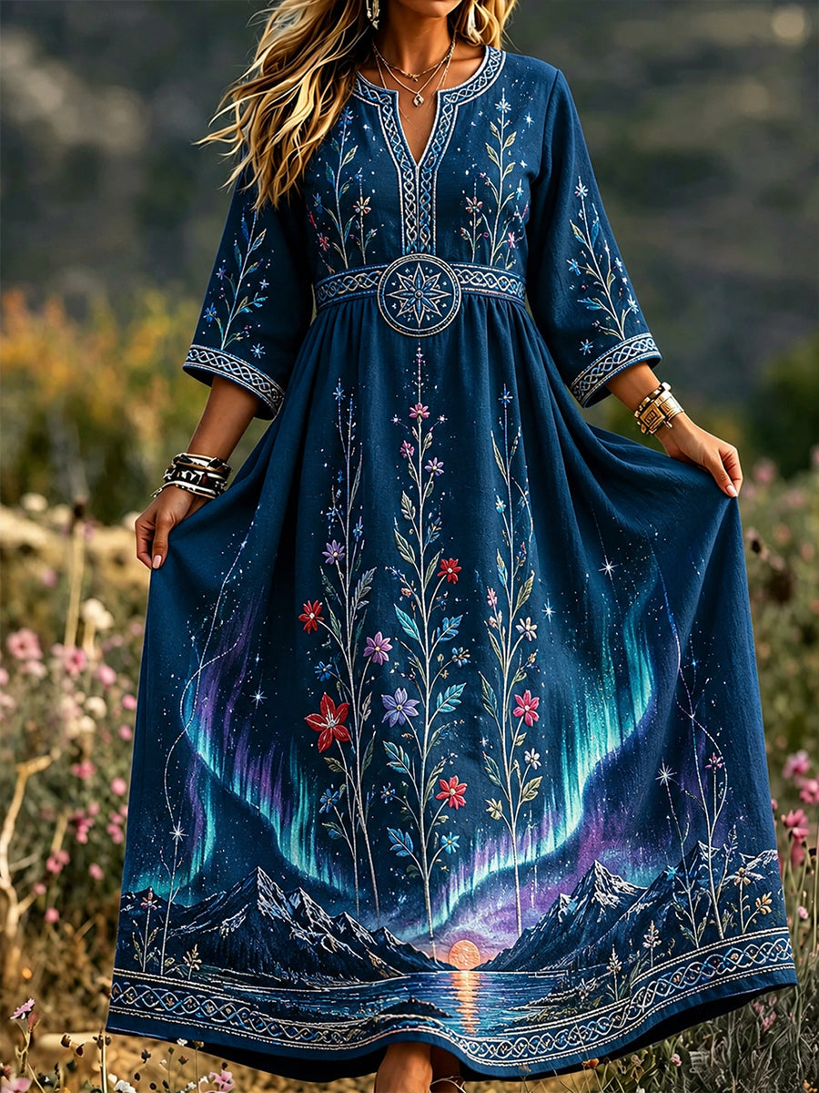 Women's dress in retro Scandinavian style made of cotton-linen with Norwegian art print
