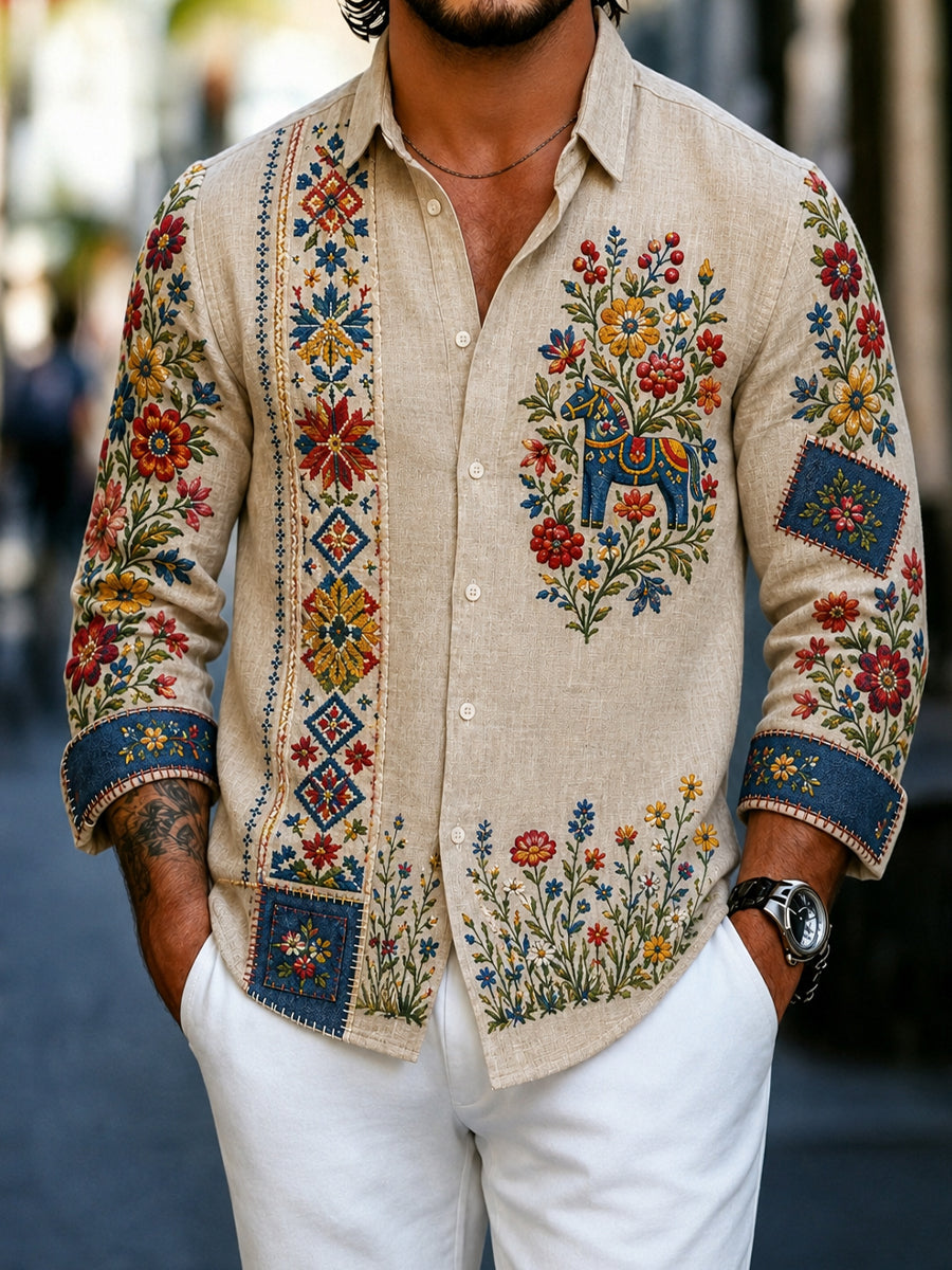 Men's Retro Style Shirt with Swedish Embroidered Floral Pattern, Midsummer Art Print and Relaxed Cotton-Linen Fit