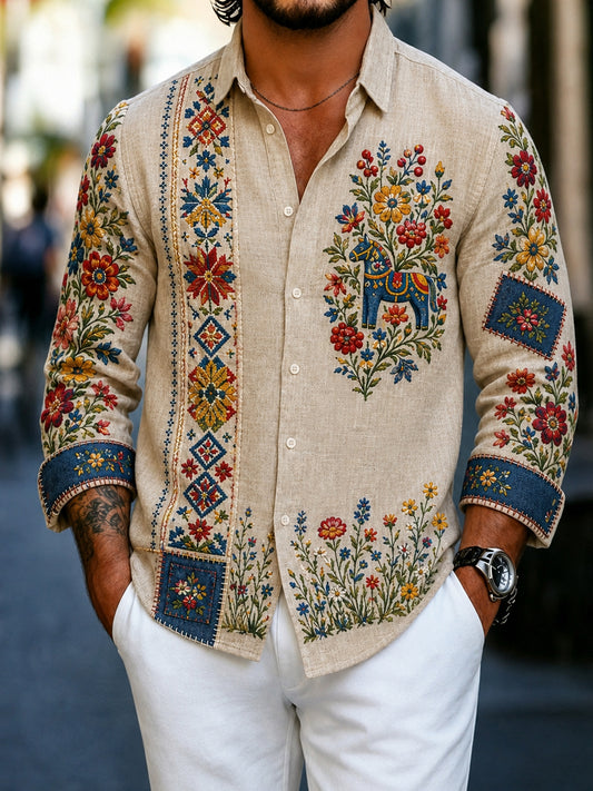 Men's Retro Style Shirt with Swedish Embroidered Floral Pattern, Midsummer Art Print and Relaxed Cotton-Linen Fit