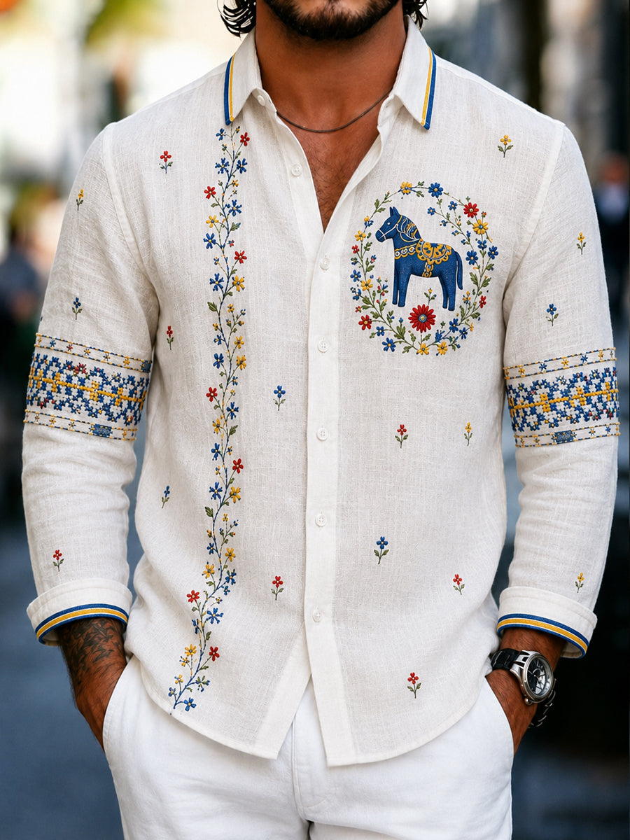 Men's Retro Style Shirt with Swedish Embroidered Floral Pattern, Midsummer Art Print and Relaxed Cotton-Linen Fit