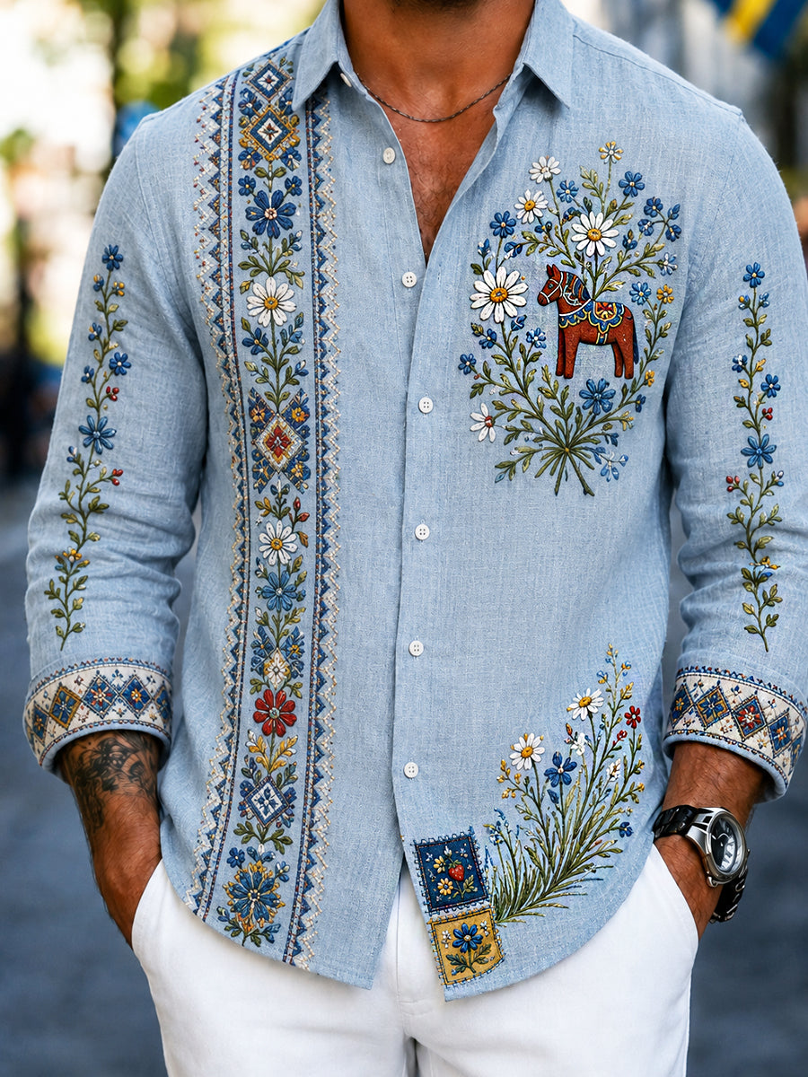 Men's Retro Style Shirt with Swedish Embroidered Floral Pattern, Midsummer Art Print and Relaxed Cotton-Linen Fit