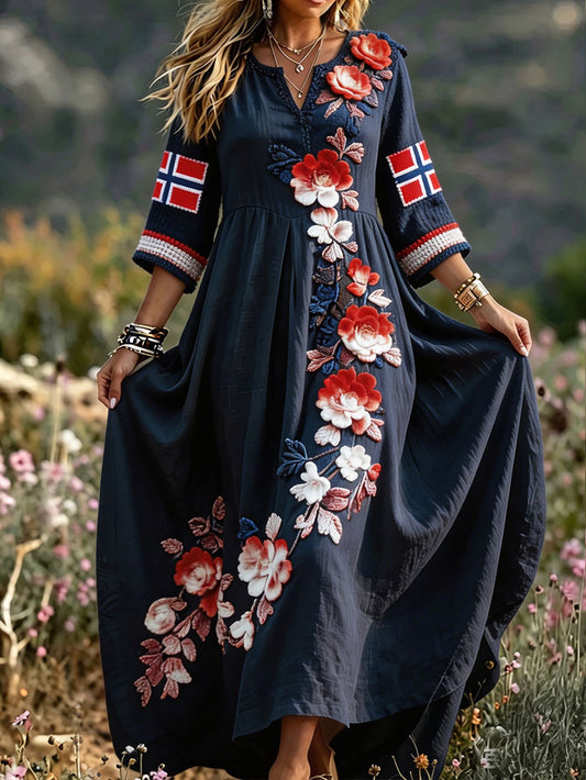 Women's linen dress with Scandinavian Nordic style and floral print