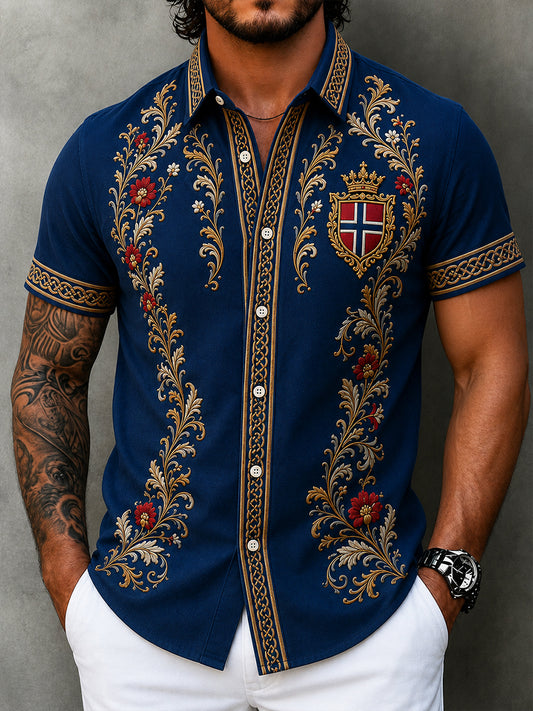 Men's retro Nordic style cultural blouse with Norwegian art print, made of cotton and linen