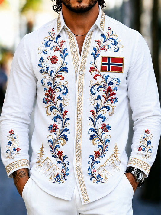 Men's retro Nordic style cultural blouse with Norwegian art print, made of cotton and linen