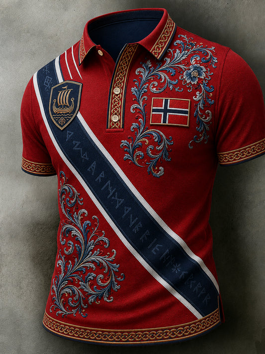 Men's Retro Nordic Style Norwegian Art Print Casual Polo Shirt