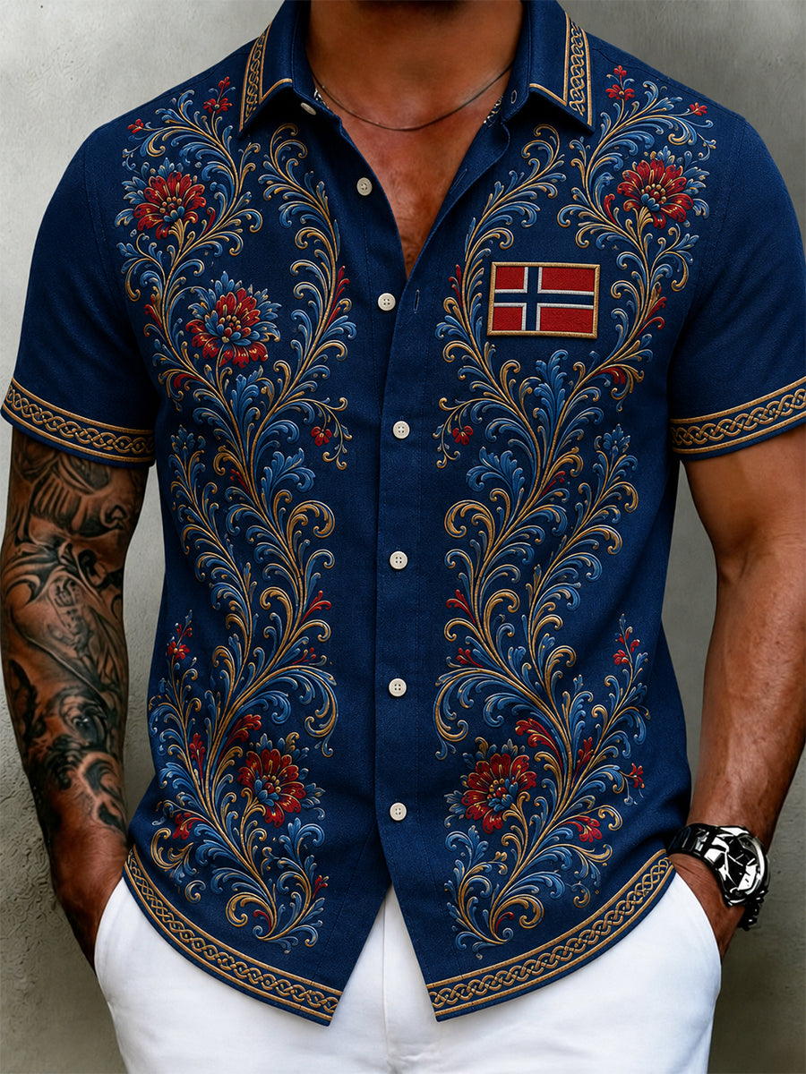 Menns kulturbluse i retro nordisk stil med norsk kunsttrykk, av bomull og lin