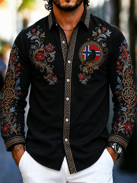 Men's retro Nordic style cultural blouse with Norwegian art print, made of cotton and linen