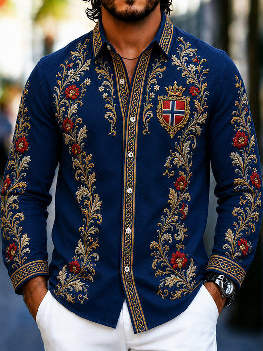 Men's retro Nordic style cultural blouse with Norwegian art print, made of cotton and linen