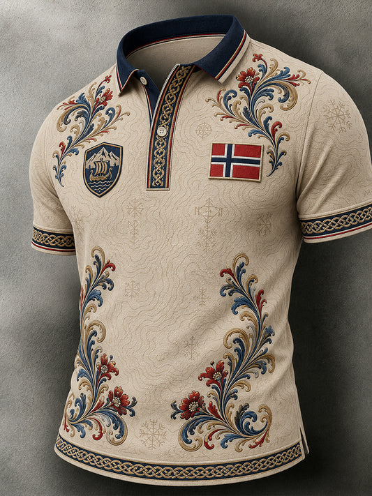 Men's Retro Nordic Style Norwegian Art Print Casual Polo Shirt