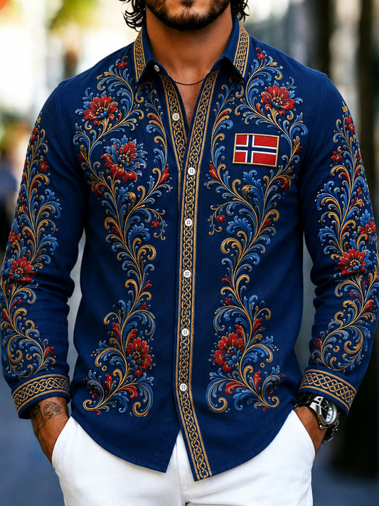 Men's retro Nordic style cultural blouse with Norwegian art print, made of cotton and linen