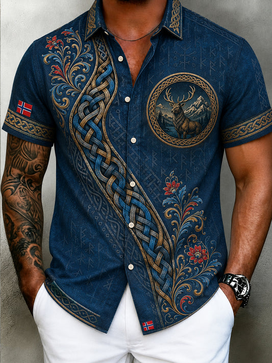 Men's retro Nordic style cultural blouse with Norwegian art print, made of cotton and linen