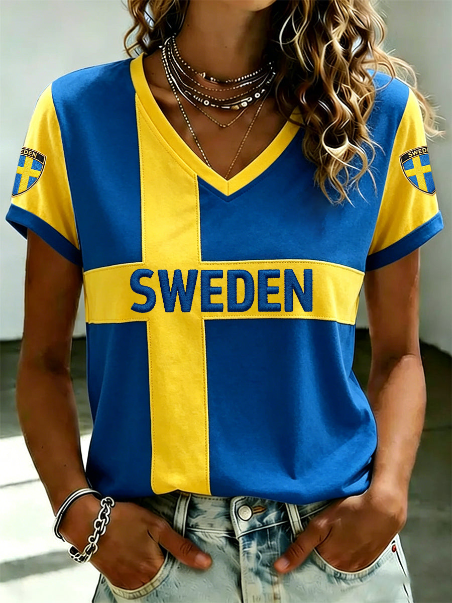 Women's Swedish football jersey with printed V-neck