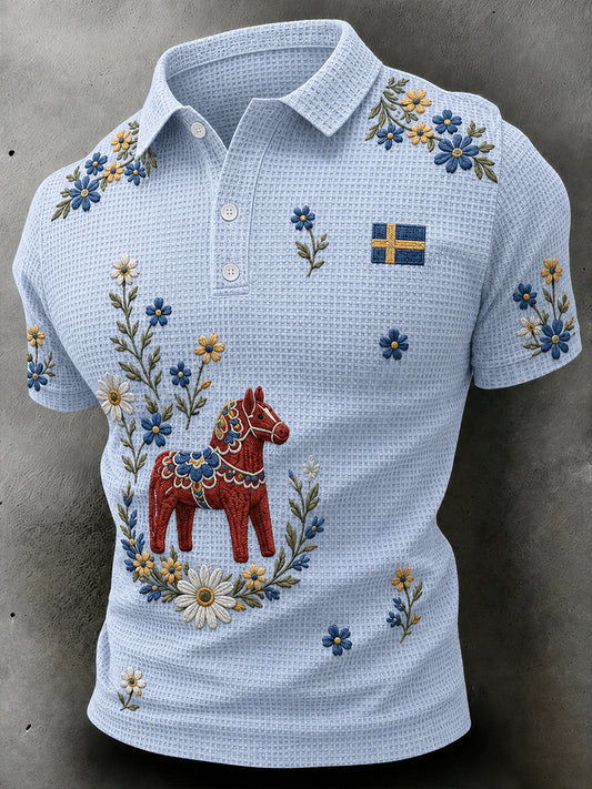 Midsummer men's party – waffle-weave dress with wooden horse and floral embroidery, short-sleeved polo shirt
