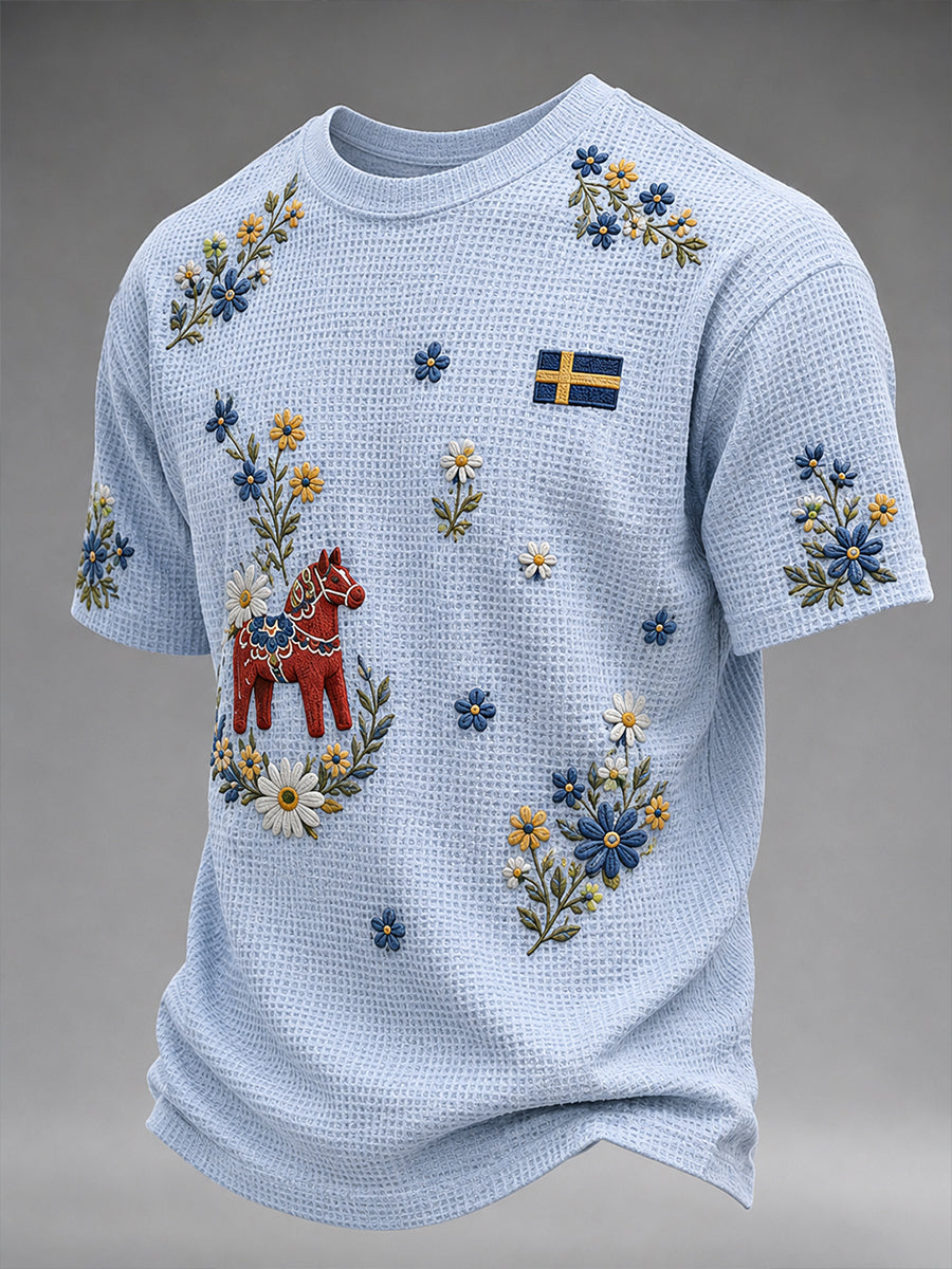Herrkläder midsommarfest karusell blommig brodyrtryck våffelklänning kortärmad t-shirt
