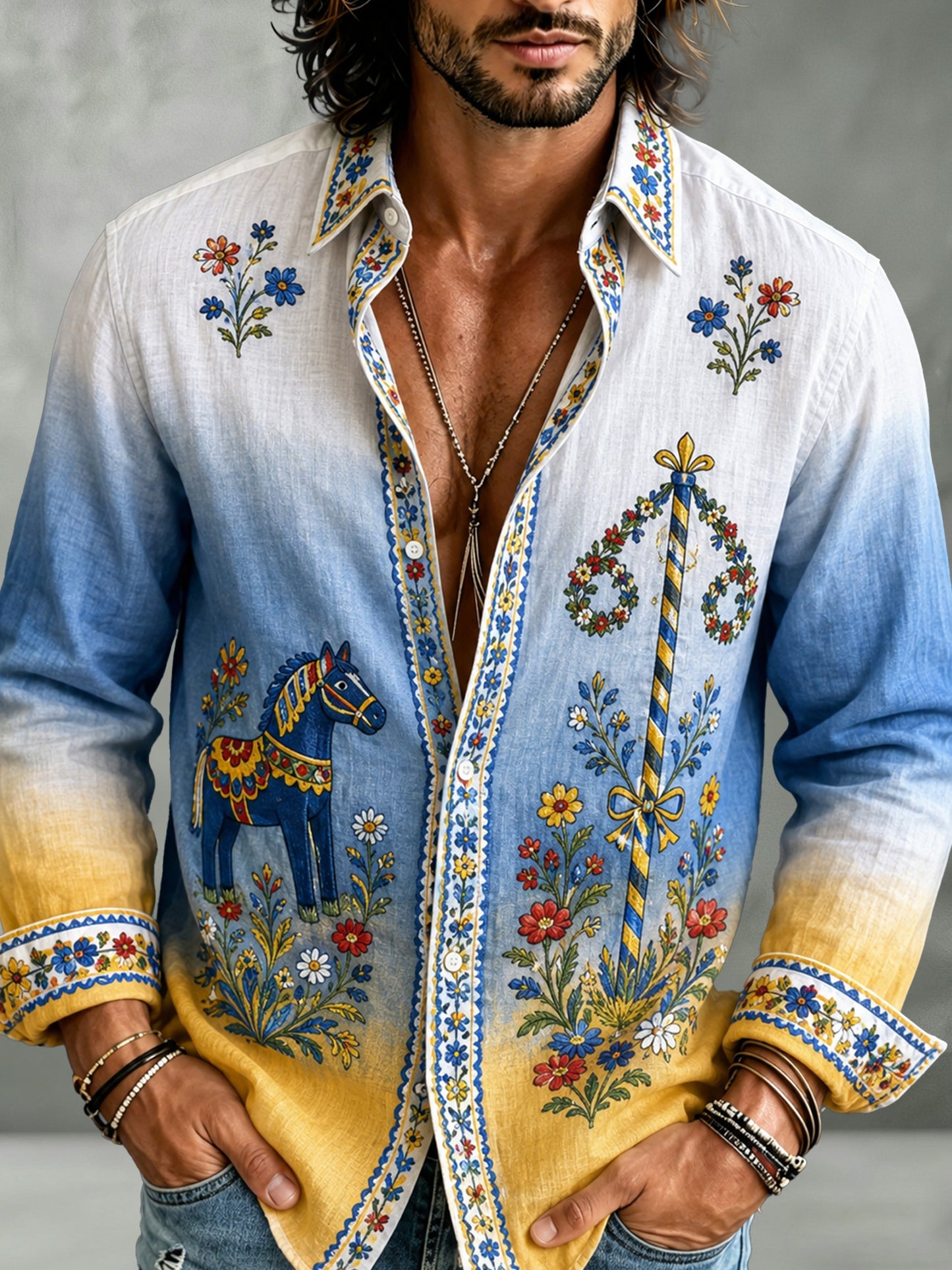 Men's Swedish Party Holiday Souvenir Art Print Long Sleeve Shirt