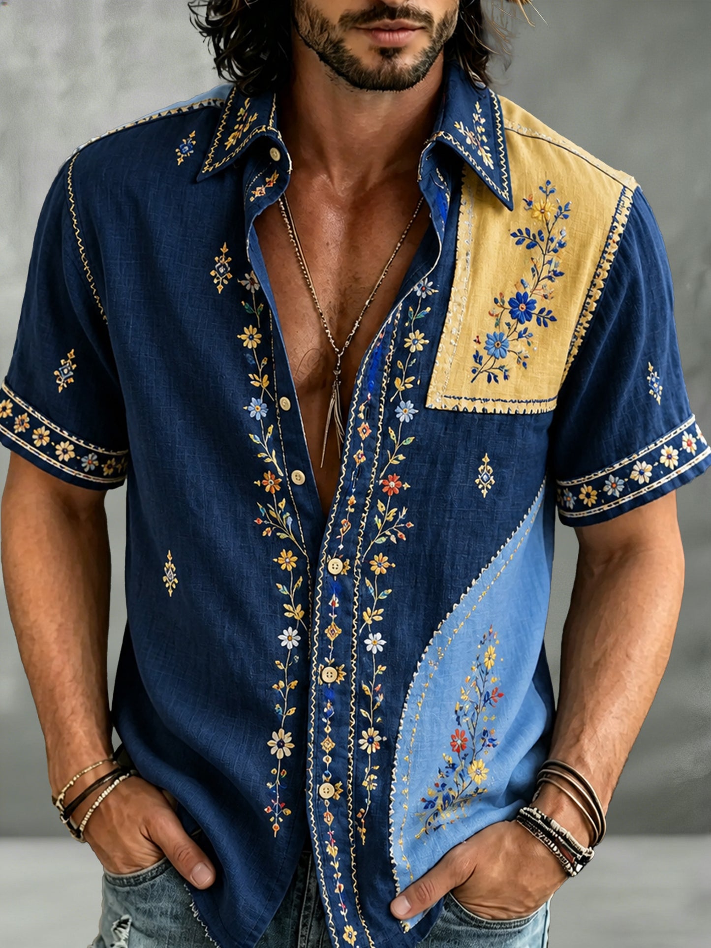 Men's shirt with art print of Swedish holiday celebration, short sleeve